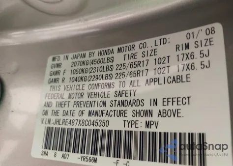2008 Honda Cr-V Ex-L z USA, uszkodzony, nr VIN JHLRE487X8C045350